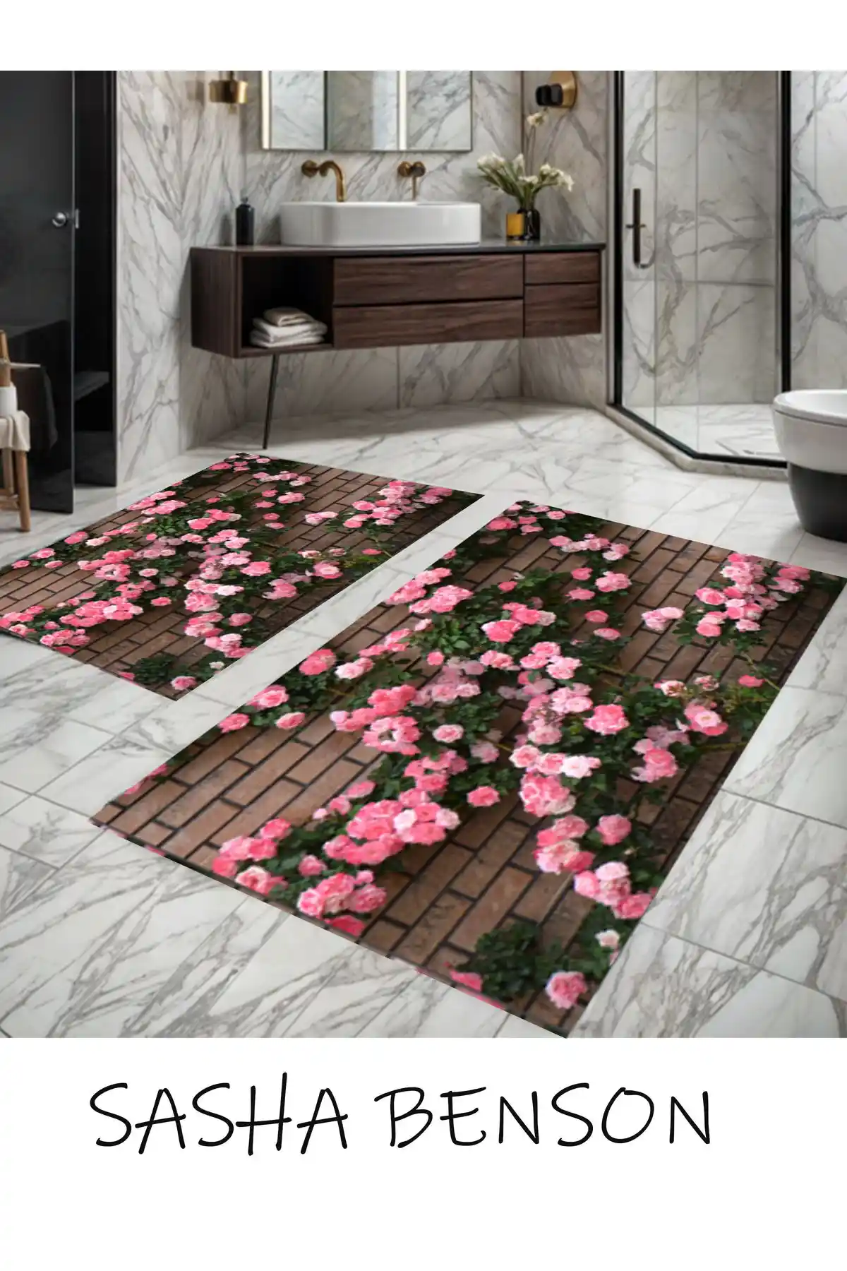 Osso Halı Çiçek Desenli Yıkanabilir Kaymaz Taban Seti Modern ve Güvenli Banyo Dekoru