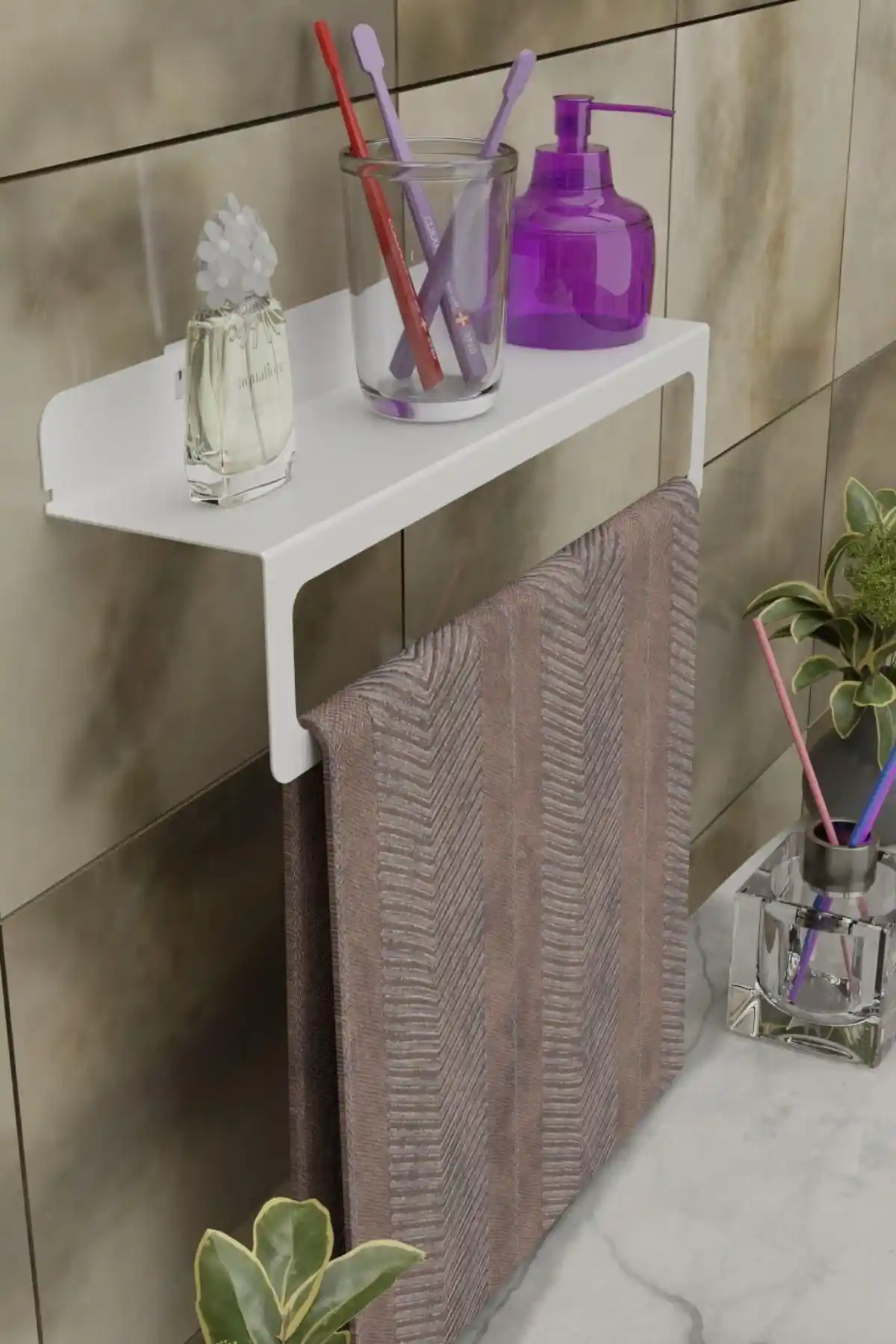 Risingmaber Beyaz Metal Yapışkanlı Havlu Tutucu ve Raf, Dayanıklı ve Şık Tasarım