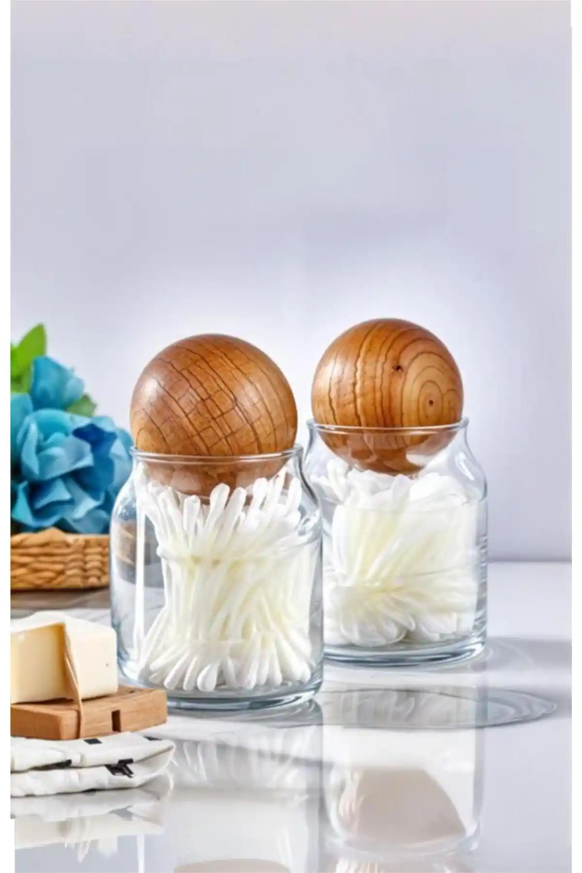 SİDERDESİNG 2'li Cam Dekoratif Top Kapaklı Kulak Pamuğu ve Pamuk Kavanozu