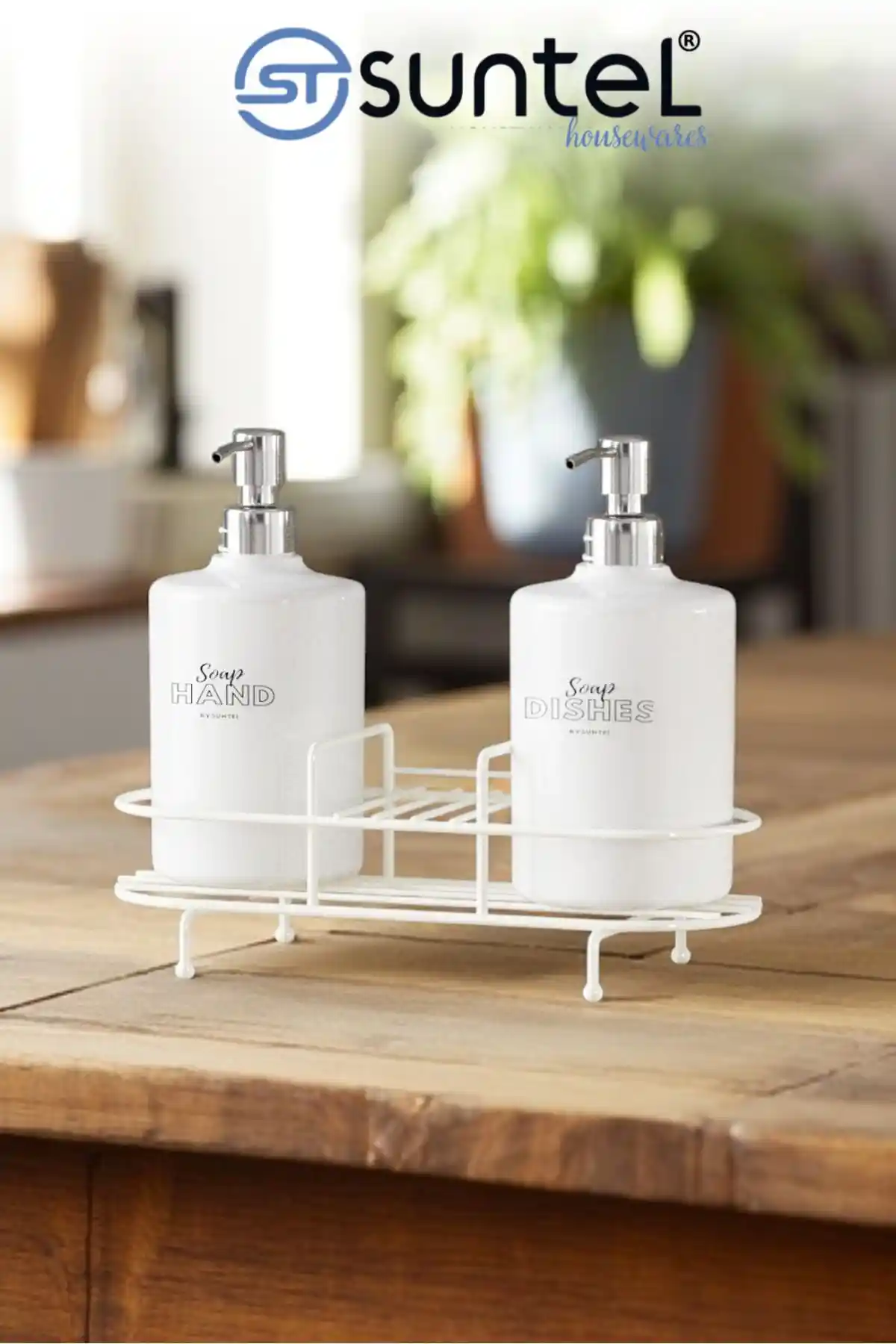 Suntel Beyaz 2’li Metal Standlı Plastik Sıvı Sabun ve Losyon Şişesi Sabunluk 500 ml