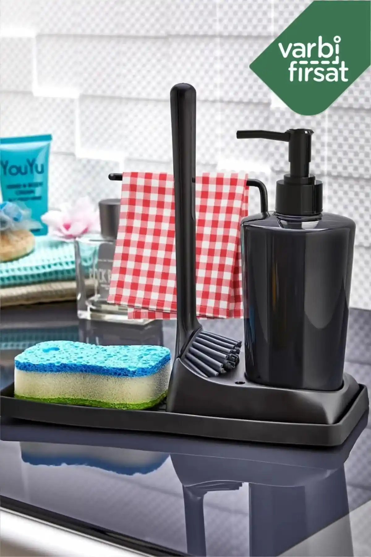 Varbifırsat Siyah Silikon Fırçalı Tezgah Üstü Sıvı Sabunluk Takımı