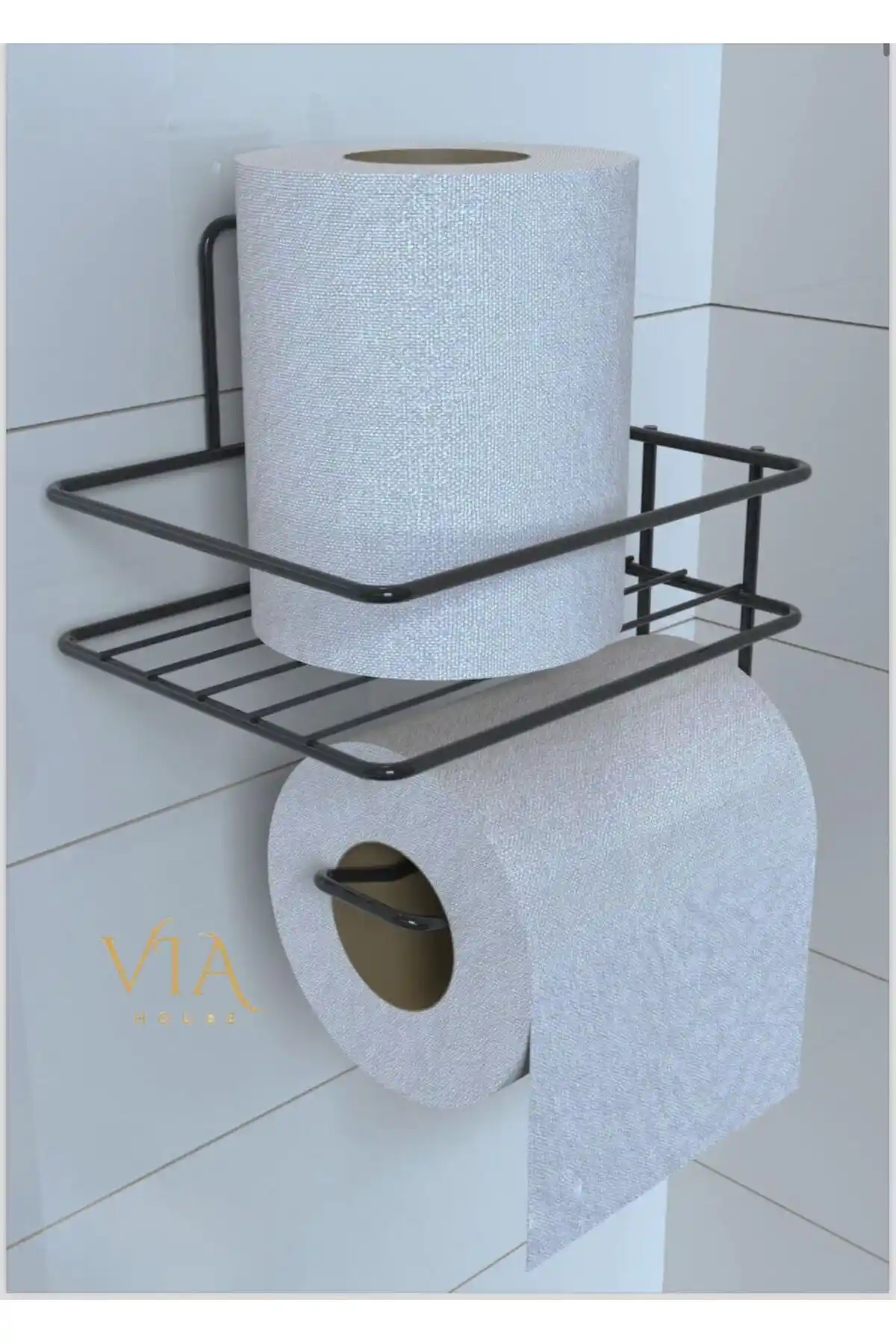 VİE HOUSE Yapışkanlı Raflı Siyah Tuvalet Kağıt Tutacağı Askısı: Modern ve Kolay Kullanımlı Banyo Aksesuarı