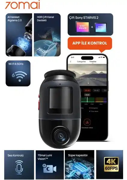70MAI Omni X800 Gelişmiş Dash Cam: 4K Çözünürlük ve 360° İzleme Özellikleriyle Güvenlik