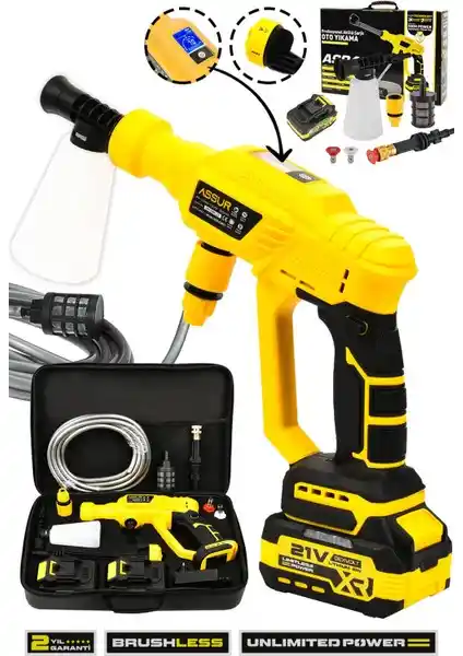 Assur 21V Kömürsüz Akülü Yüksek Basınçlı Oto Yıkama Makinesi Güçlü ve Taşınabilir