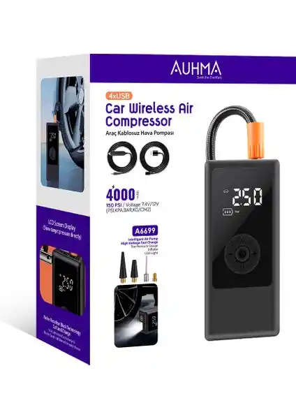 Auhma A6699 Kablosuz Dijital Araç Hava Kompresörü: Çok Fonksiyonlu Pratik Şişirme Cihazı
