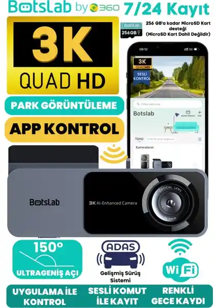 Botslab HK50 Wi-Fi 1620p Araç İçi Güvenlik Kamerası Yüksek Çözünürlük ve Gelişmiş Özellikler