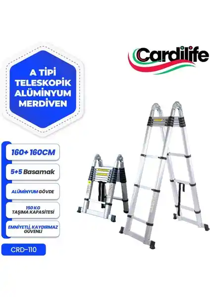 Cardilife 160+160 cm Açılır Teleskopik Alüminyum Merdiven Güvenli ve Hafif Tasarım