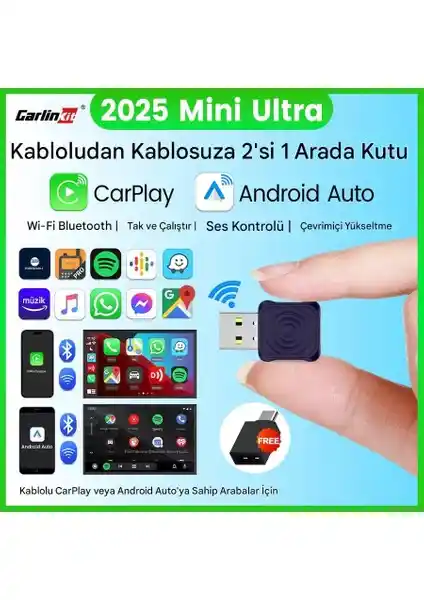 Carlinkit 2025 Mini Ultra 5.0 Kablosuz CarPlay ve Android Auto Adaptörleri