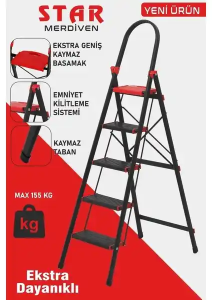 Devecioğlu 5 Basamaklı Star Geniş Basamaklı Merdiven Güvenli ve Pratik Kullanım İmkanı Sunar