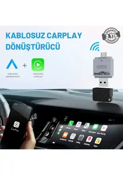 Embatech Araç İçi 2in1 Kablosuz Adaptör ile Android ve Apple Cihazlarınızda Bağlantıyı Kolaylaştırın