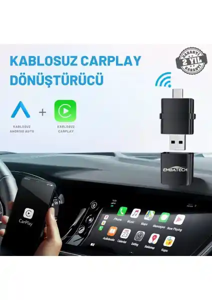 Embatech EMT-006 Kablosuz Android Auto ve CarPlay Adaptörü Araç İçi Teknoloji Çözümü