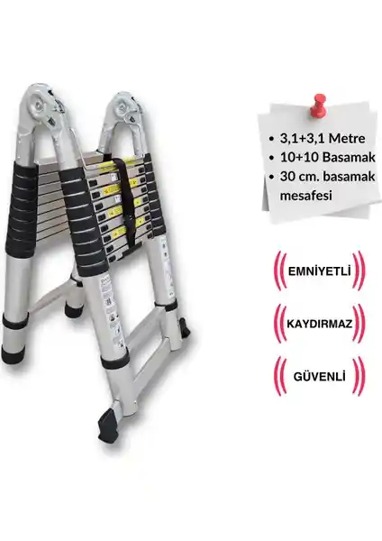 Endokon 310 + 310 cm Teleskobik Alüminyum Merdiven Güvenli ve Pratik Kullanım İçin Uygun