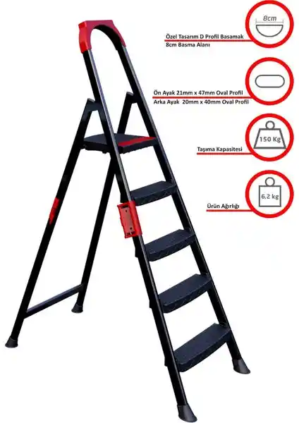 Ertekpa Anka Plus 4+1 Basamaklı Metal Siyah Merdiven Güvenlik ve Estetik Birlikteliği