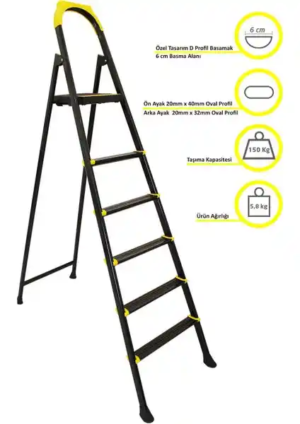 Ertekpa Leo 5+1 Basamaklı Metal Siyah Merdiven Güvenlik ve Estetik İçin Uygun Çözüm