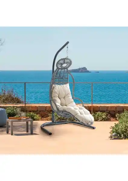 Eymense Elit Demonte Ayak Uzatmalı Rattan Salıncak Gri Krem Modern Bahçe Mobilyası