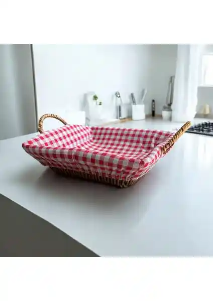 Hasır Görünümlü Plastik Ekmek Sepeti Kulplu Bezli Kare Modern Mutfak Gereçleri