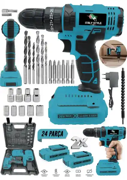 İtaly Style 36V 5 Ah Çift Akülü Darbeli Matkap Profesyonel ve Hobi Kullanımı İçin Uygun