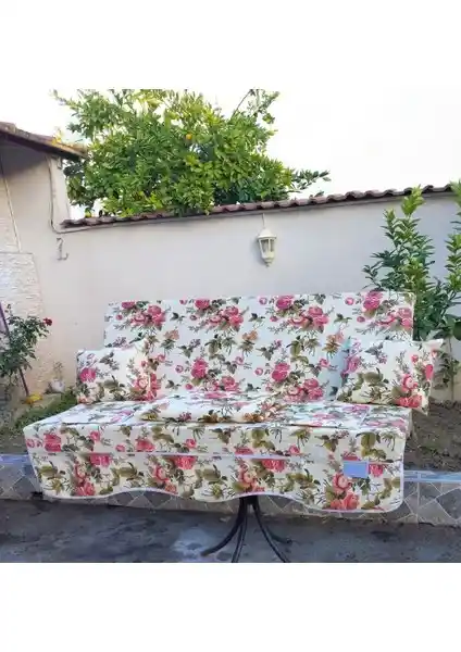 Mandaş Süngerli 3 Kişilik Salıncağı Minder Seti İngiliz Gülü Pembe Renkli