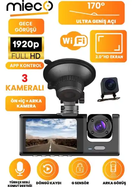 Mieco 1s 1920p Full HD 3 Kameralı Araç Kamerası Geniş Açılı ve Gece Görüşü Özellikleriyle