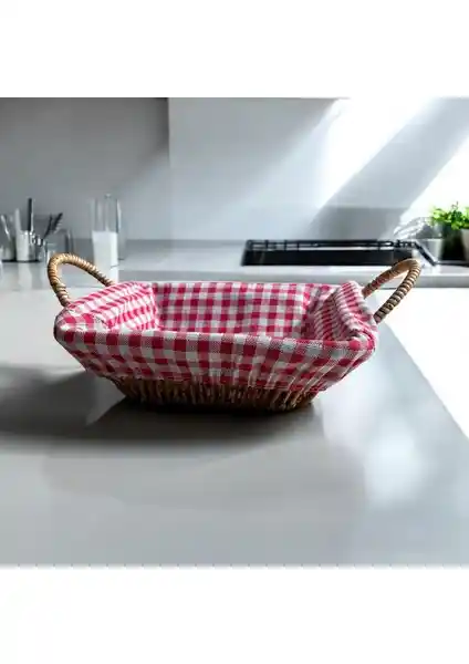 Mutfak Dekorasyonunu Geliştiren Hasır Görünümlü Plastik Ekmek Sepeti Kulplu Bezli Kare
