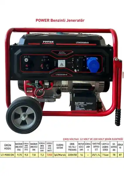 Power LT9000 EN 9,75 kVA Benzinli Jeneratör: Taşınabilir ve Güçlü Enerji Kaynağı