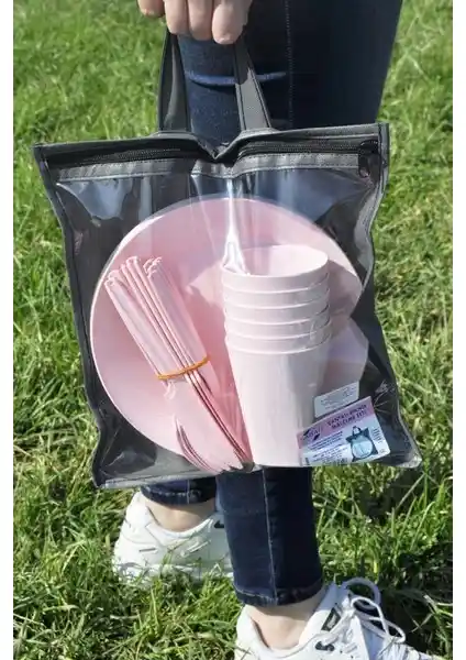Pratik ve Şık Saban Çantalı Piknik Seti Pembe 30 Parça Açık Hava Etkinlikleri İçin