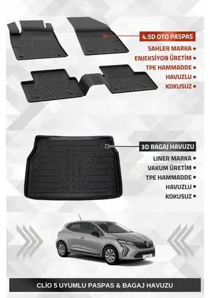 Renault Clio 5 2020 ve Sonrası İçin Uyumlu Oto Paspas ve Bagaj Havuzu Ürünleri