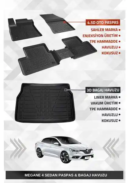 Renault Megane 4 Sedan İç ve Bagaj Alanını Koruyan 4.5D Premium Havuzlu Oto Paspas ve Bagaj Seti