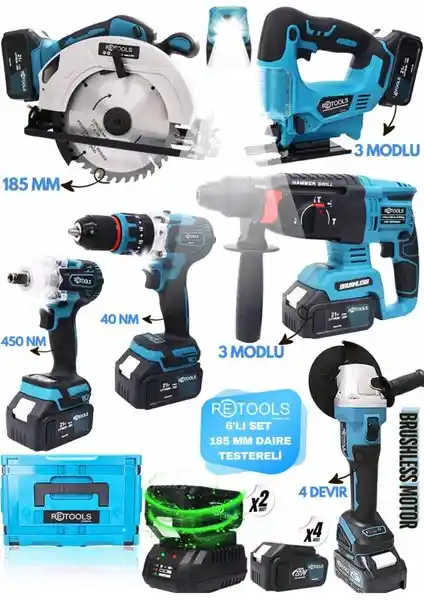 Retools 6’lı Set 185 mm Daire Testereli ve USB Işıklı Çok Yönlü Profesyonel Araçlar
