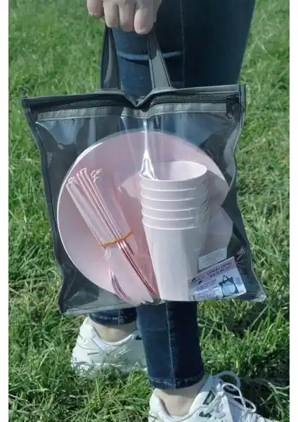 Saban Çantalı Piknik Seti Pudra: 6 Kişilik Taşınabilir ve Şık Dış Mekan Yiyecek Takımı