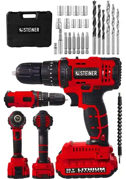 Steiner Alman 58V 5Ah Darbeli Çift Akülü Metal Şanzıman Vidalama Matkap Seti