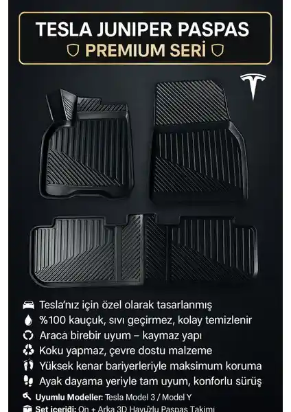 Tesla Model Y Juniper 2025 için 3D havuzlu oto paspas seti yüksek dayanıklılık ve estetik sağlar