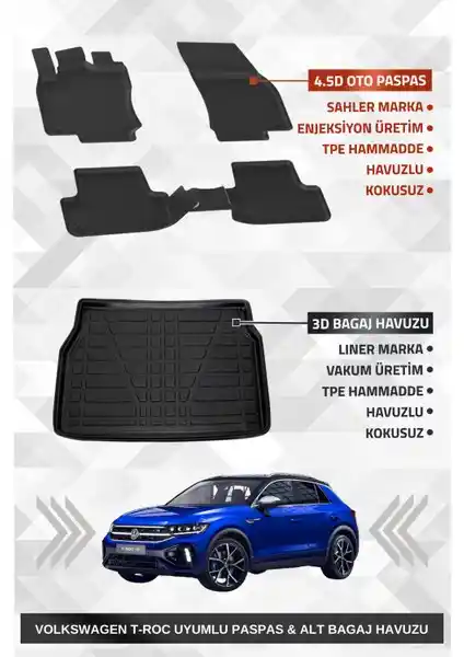Volkswagen T-Roc 2019 ve sonrası modelleri için Sahler premium paspas ve bagaj havuzu