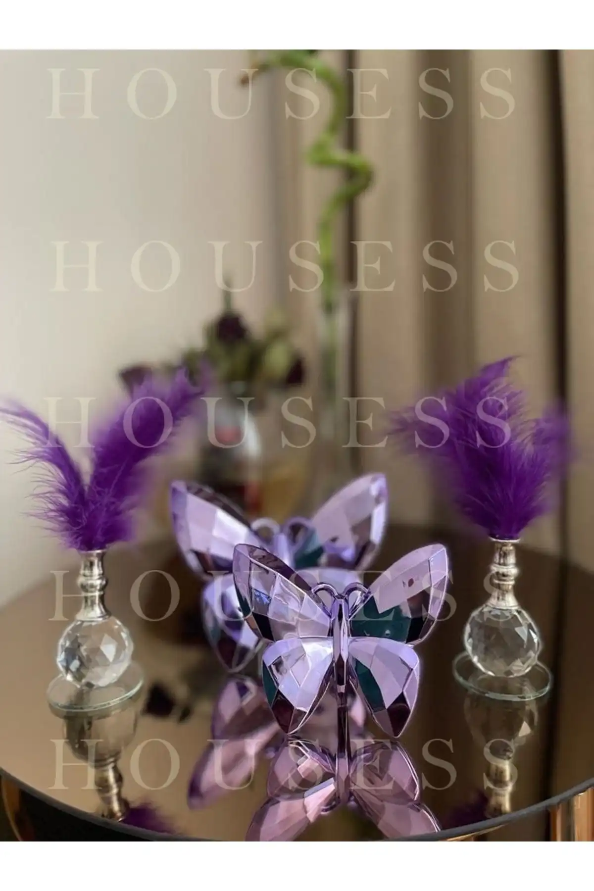 Housess Dekoratif Mor Kelebek ve Gümüş Tüylük Biblo ile Ev Dekorasyonunuzu Şıklıkla Tamamlayın