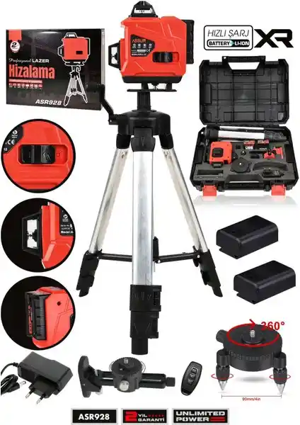 Assur Profesyonel 360° 16 Köşe Otomatik Hizalama Tripod'lu Lazer Metre