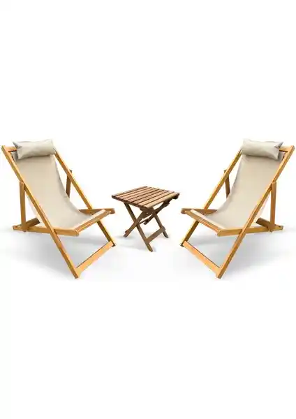 Evvon Ahşap Kumaş Katlanır Şezlong Seti ile Balkon ve Bahçenizde Konfor ve Şıklık