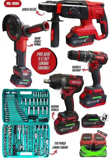 Retools Yeni Seri 5'li Set 800NM Tork Gücü ve 216 Parça Lokma Takımlı Profesyonel Araç Seti