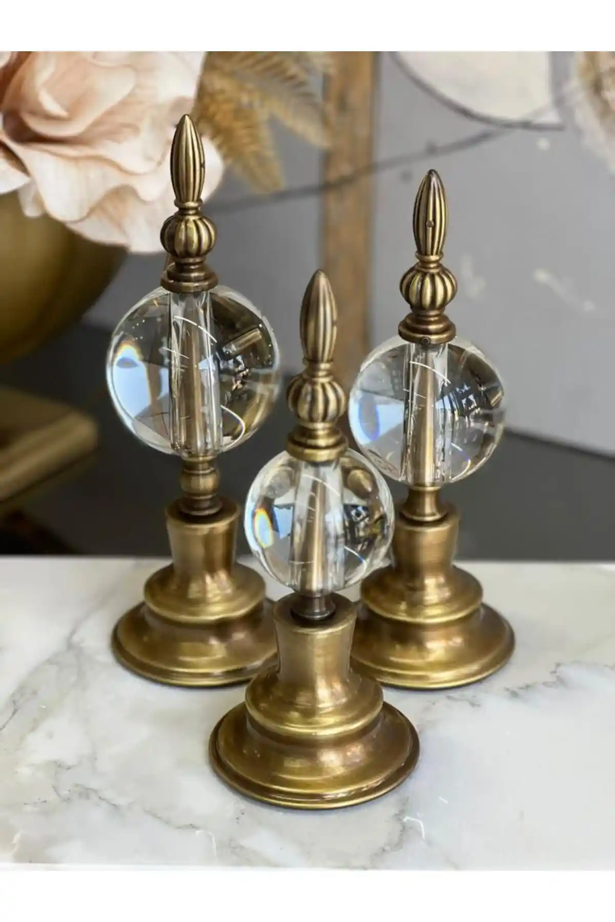 ArzzHome 3'lü Dekoratif Alem Düz Kristal Top Küre & Obje Eskitme Seti