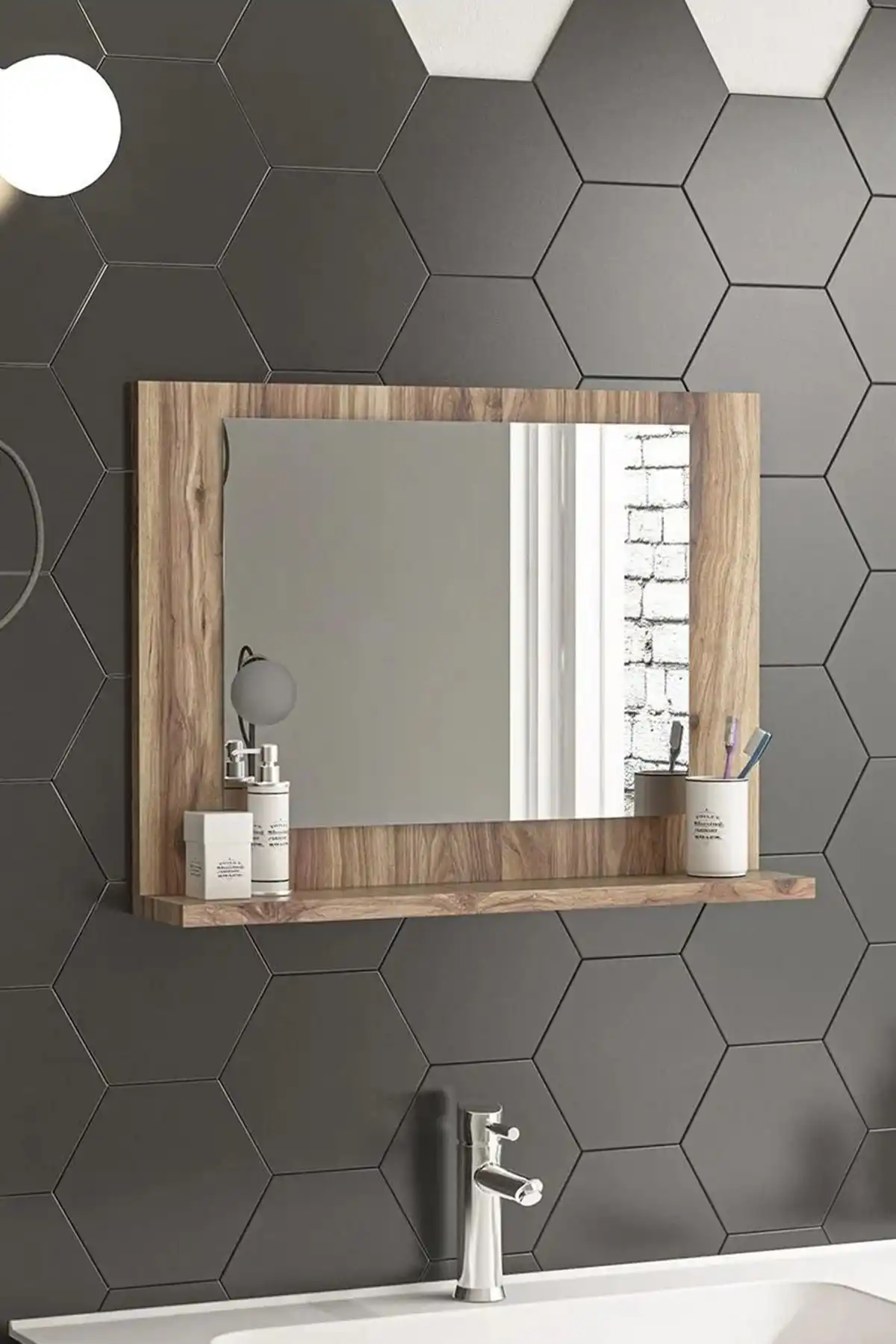 Nysamo 60x45cm Ceviz Raflı Banyo Aynası ile Modern Tasarım ve Fonksiyonellik