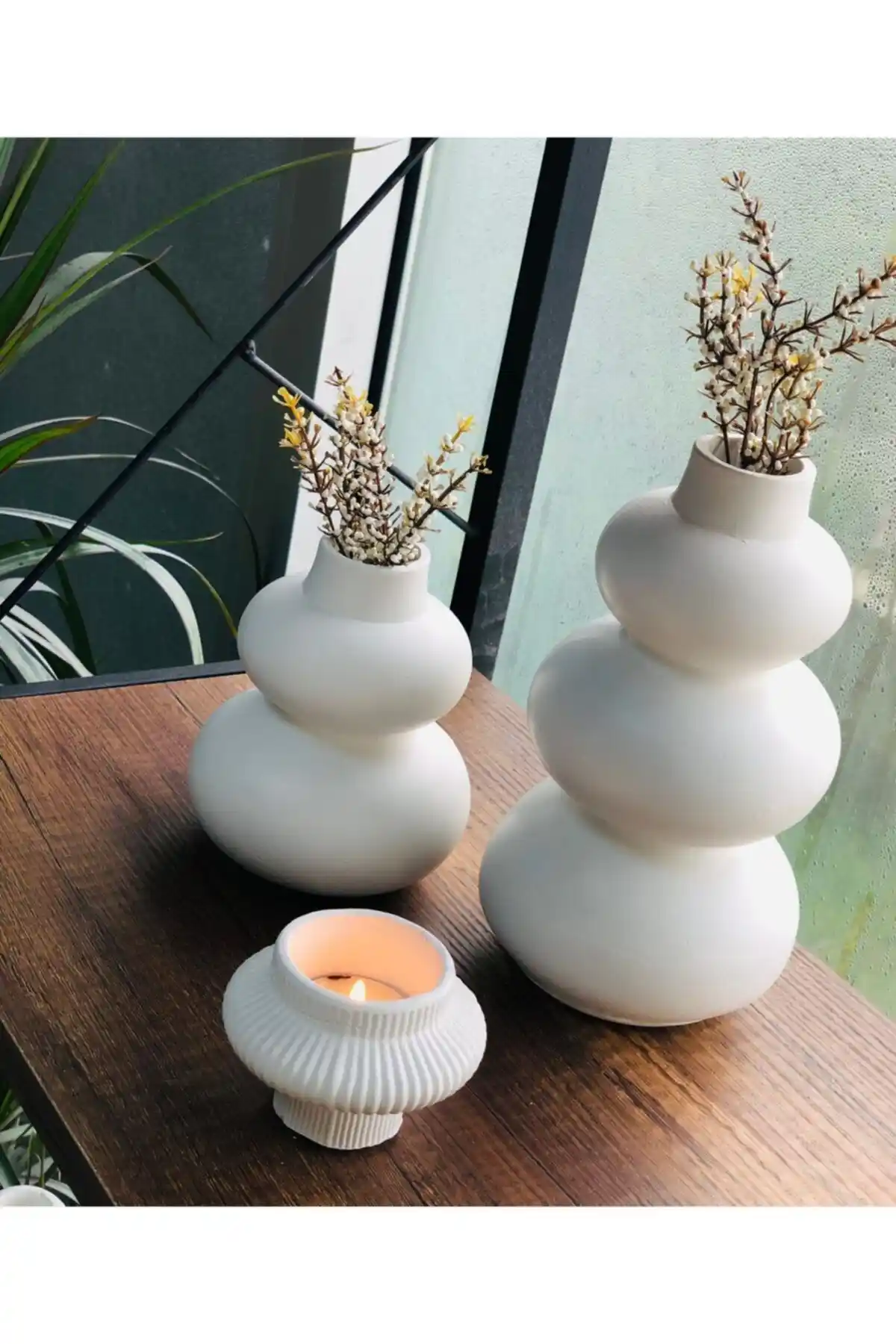 Bubble Vazo 2'li & Çizgili Mumluk Seti ile Modern Dekorasyonu Yükseltin