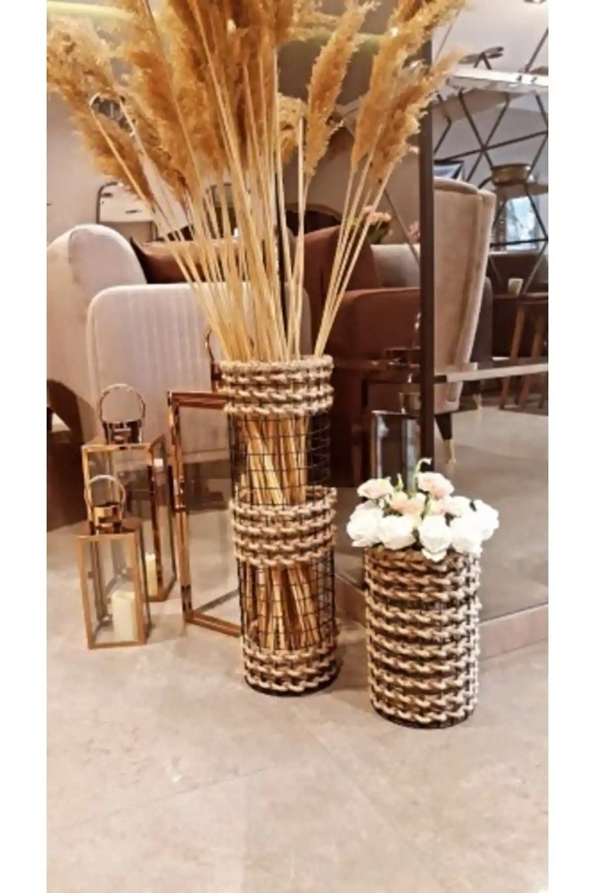 Egindra Metal Tel Hasır Örgülü Vazo Seti ile Modern ve Şık Dekorasyon İmkanları