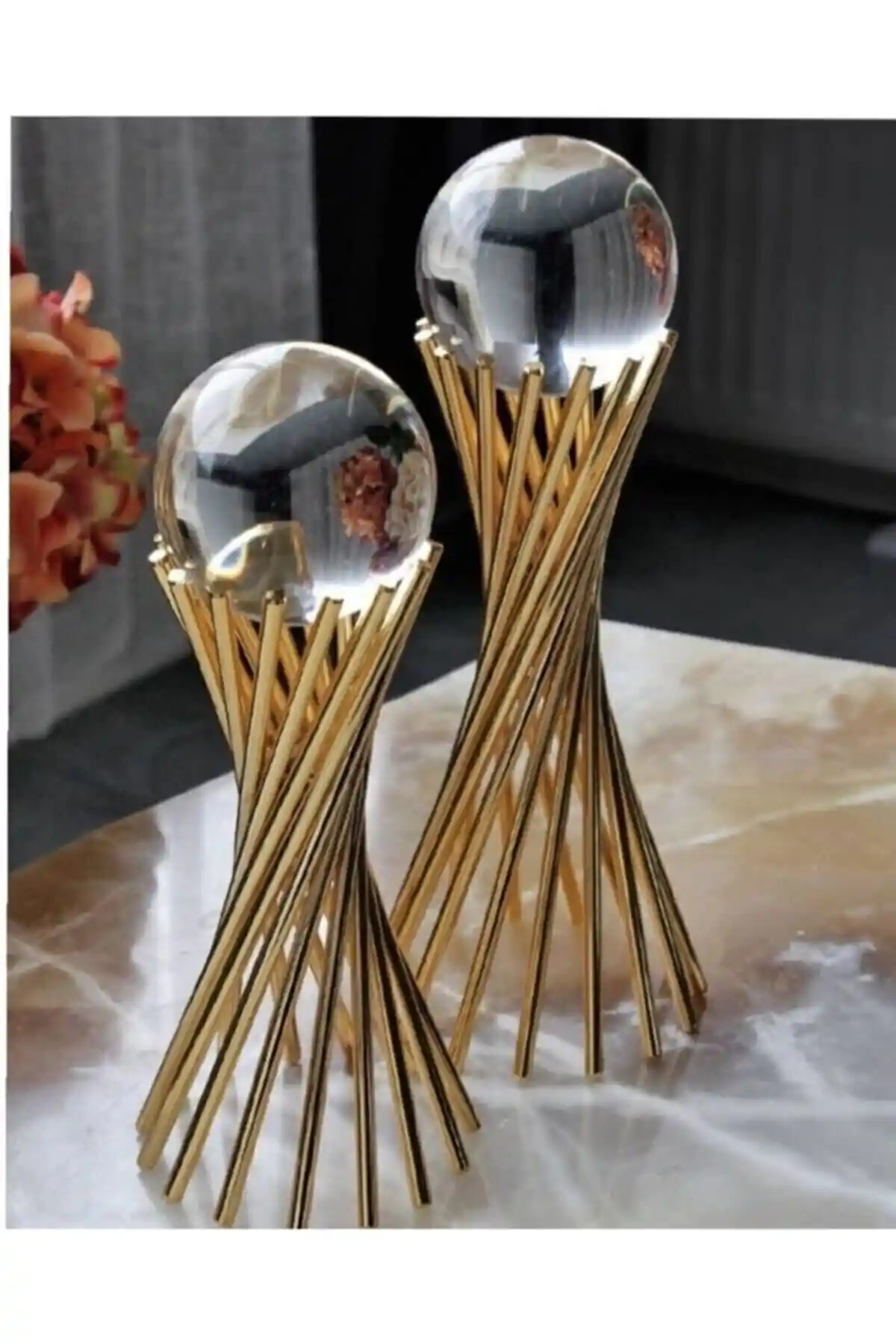 KIRAT HOME DESIGN Dekoratif 2'li Altın Burmalı Çapraz Ayaklı Küre Seti
