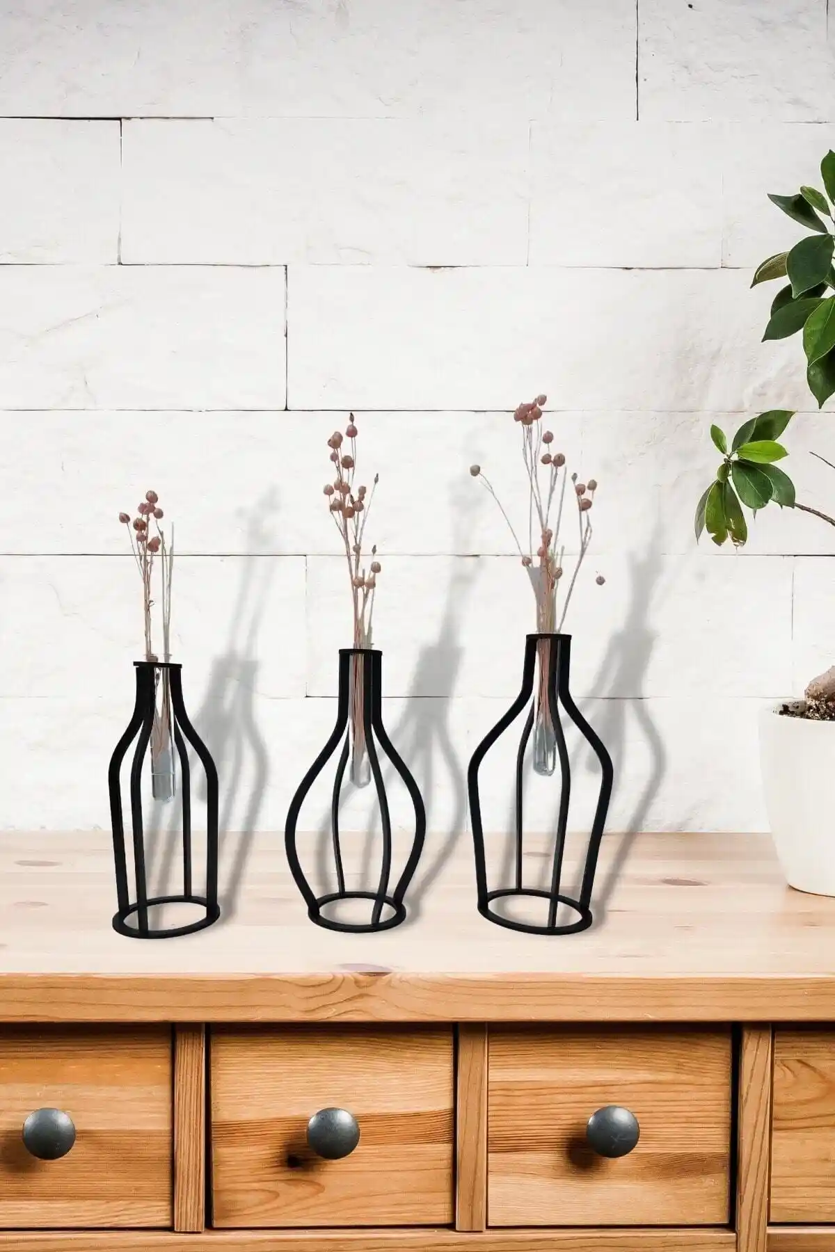 Genel Markalar 3'lü Siyah Ahşap Vazo Seti ile Ev ve Ofis Dekorasyonunu Güzelleştirin