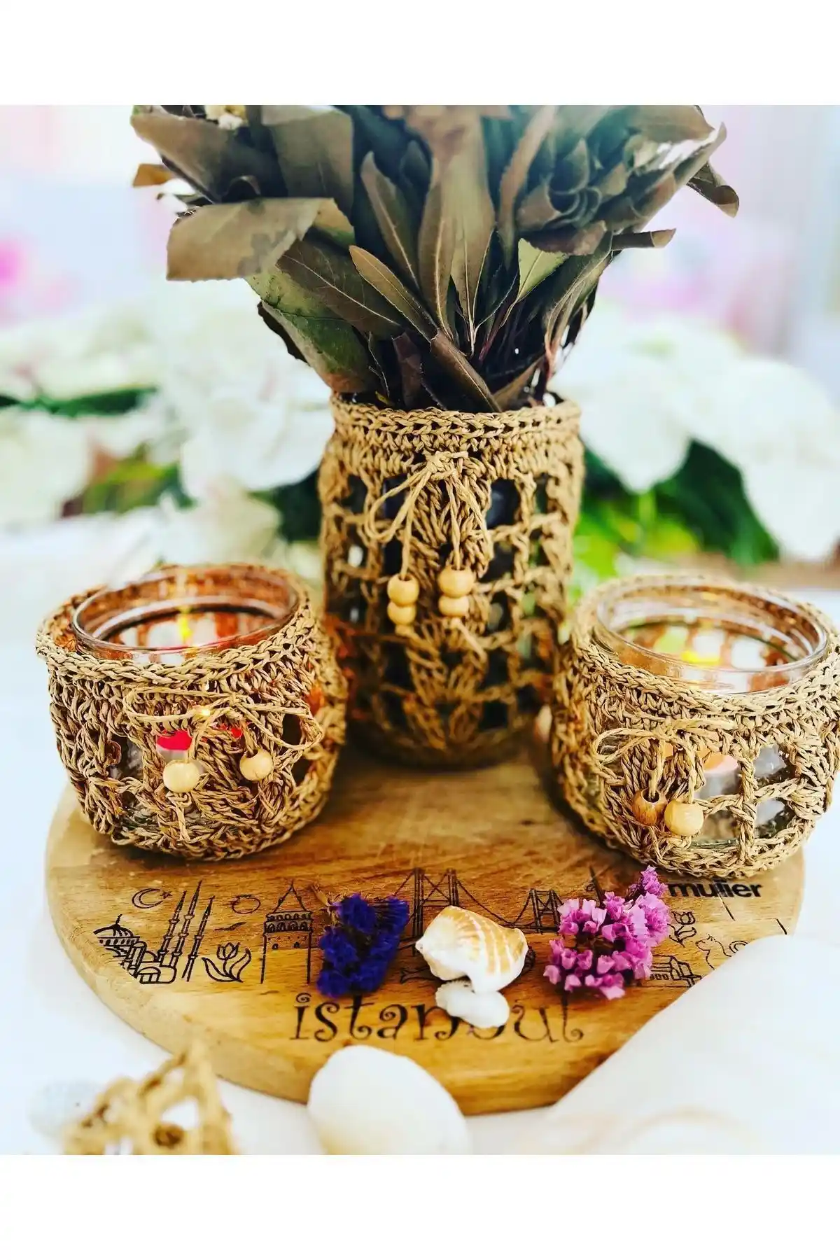 PİNKBAG El Yapımı Bohem Dekoratif Vazo, Mumluk ve Peçete Halkası Seti