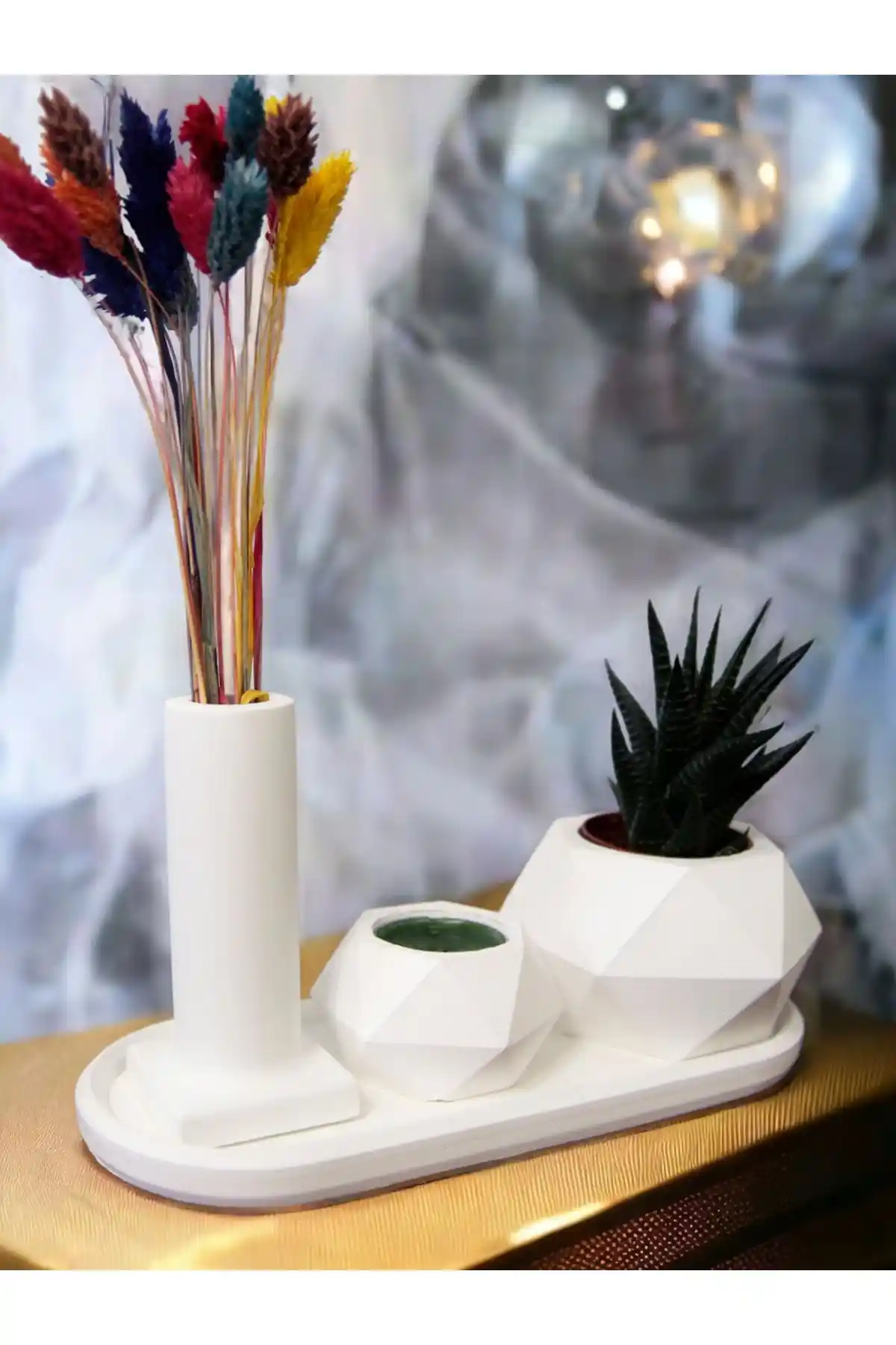 Stonnish Hediyelik Tabaklı Mini Vazolu Geometrik Sukulent ve Mumluk Dekoratif Set