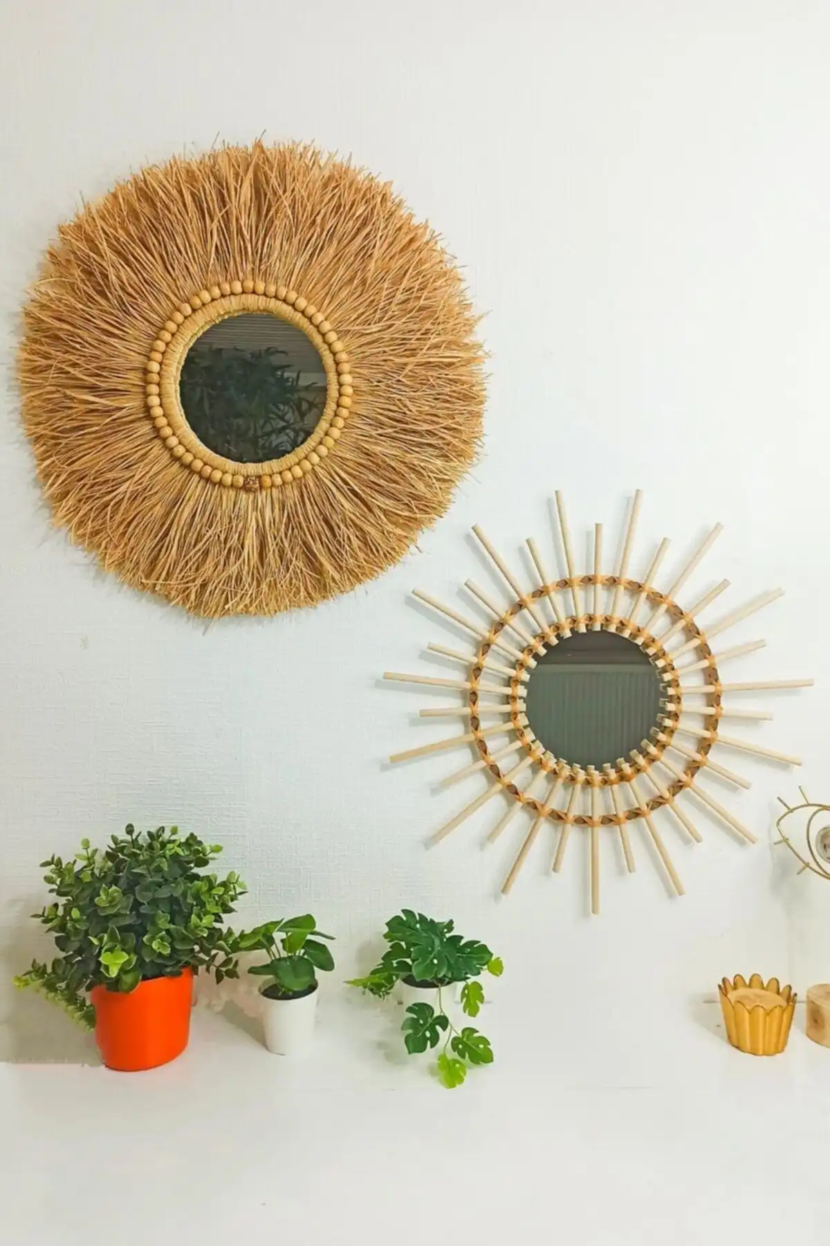 Ahşap Boncuklu Rafya ve Bambu Ayna İkili Seti ile Modern Ev Dekorasyonu