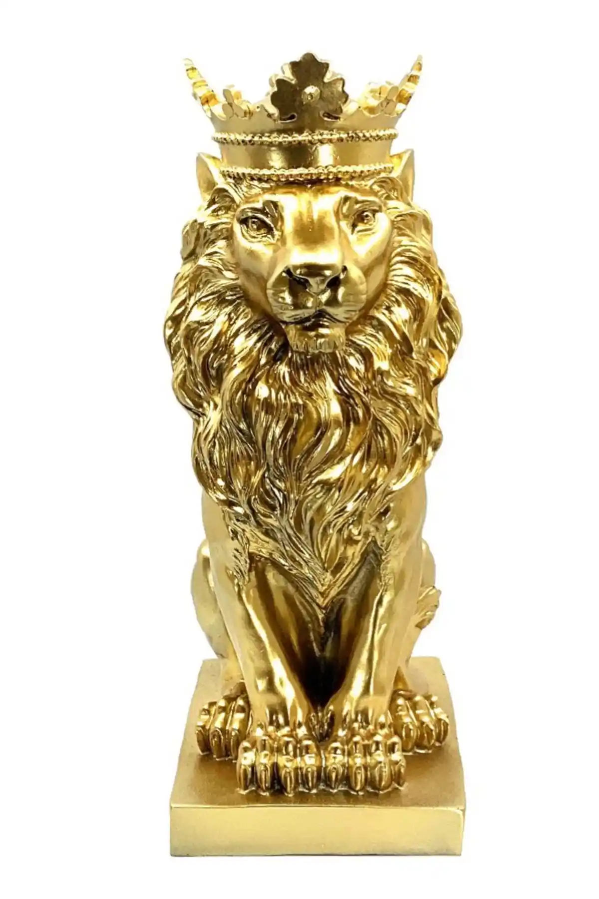 Gold Polyester Taçlı Aslan Büst Obje Heykel ile Mekanınıza Zarafet Katın