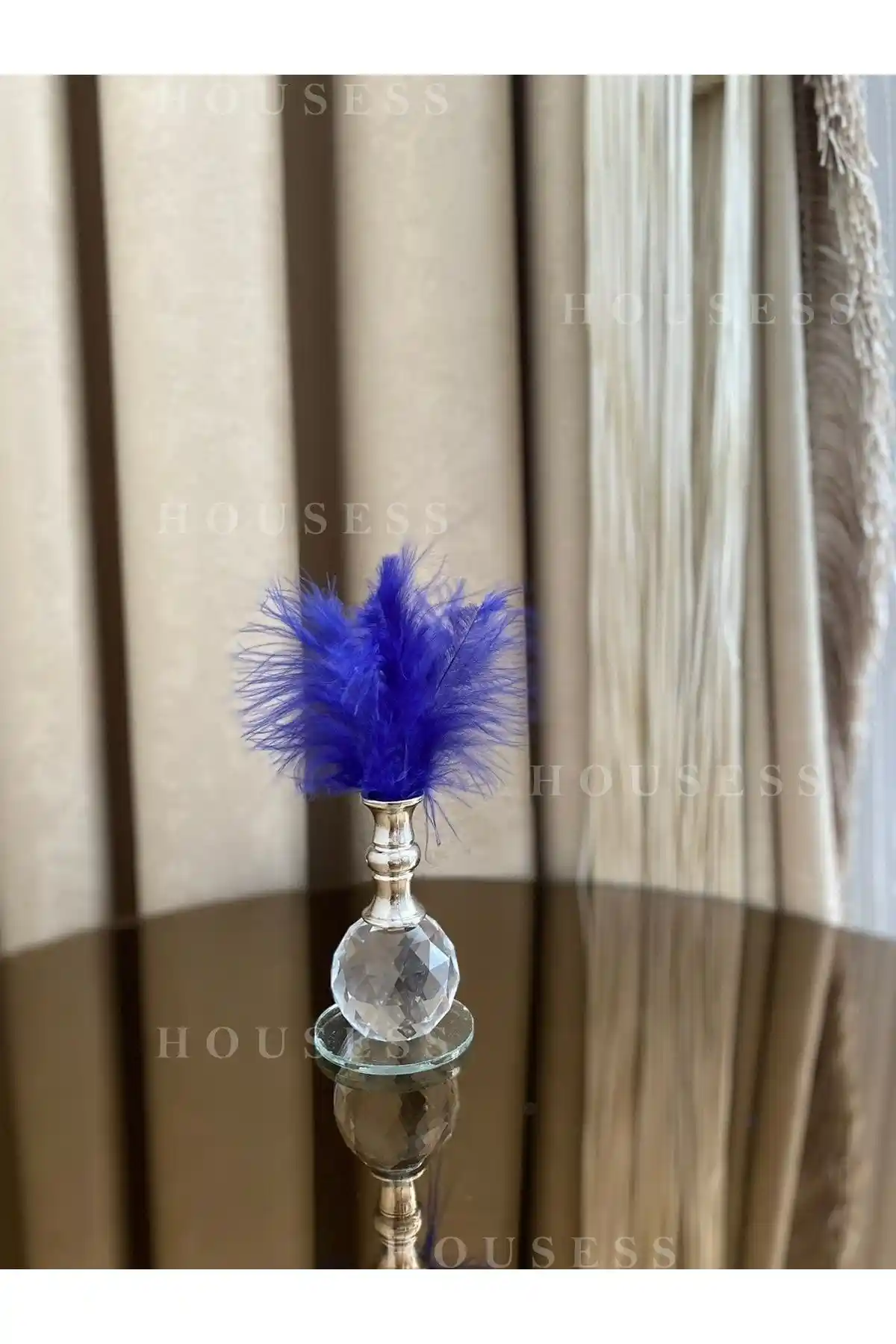 Housess1 Mavi Tüylü Gümüş Kristal Biblo ile Modern Ev Dekorasyonu