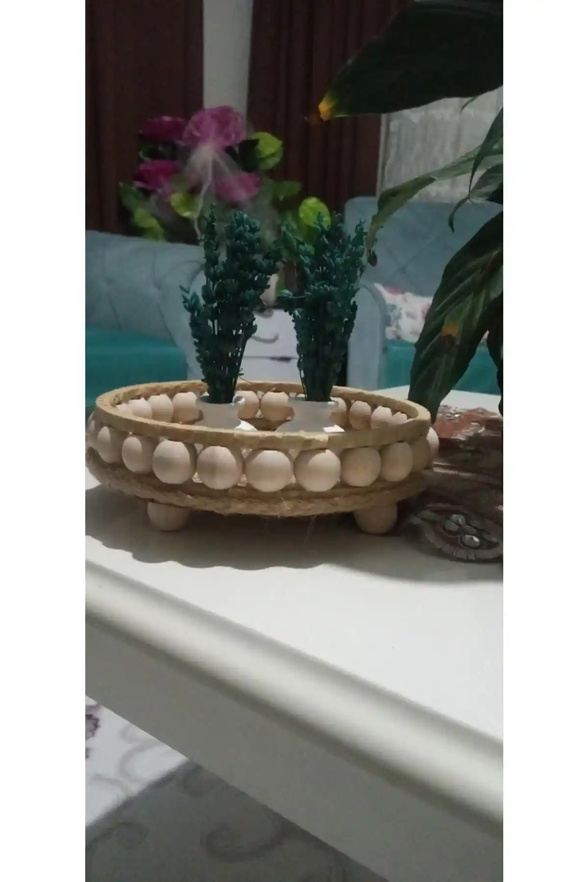 Ahşap Boncuklu Hasır Doğal Rafya Tepsi ile Ev Dekorasyonunu Tamamlayın