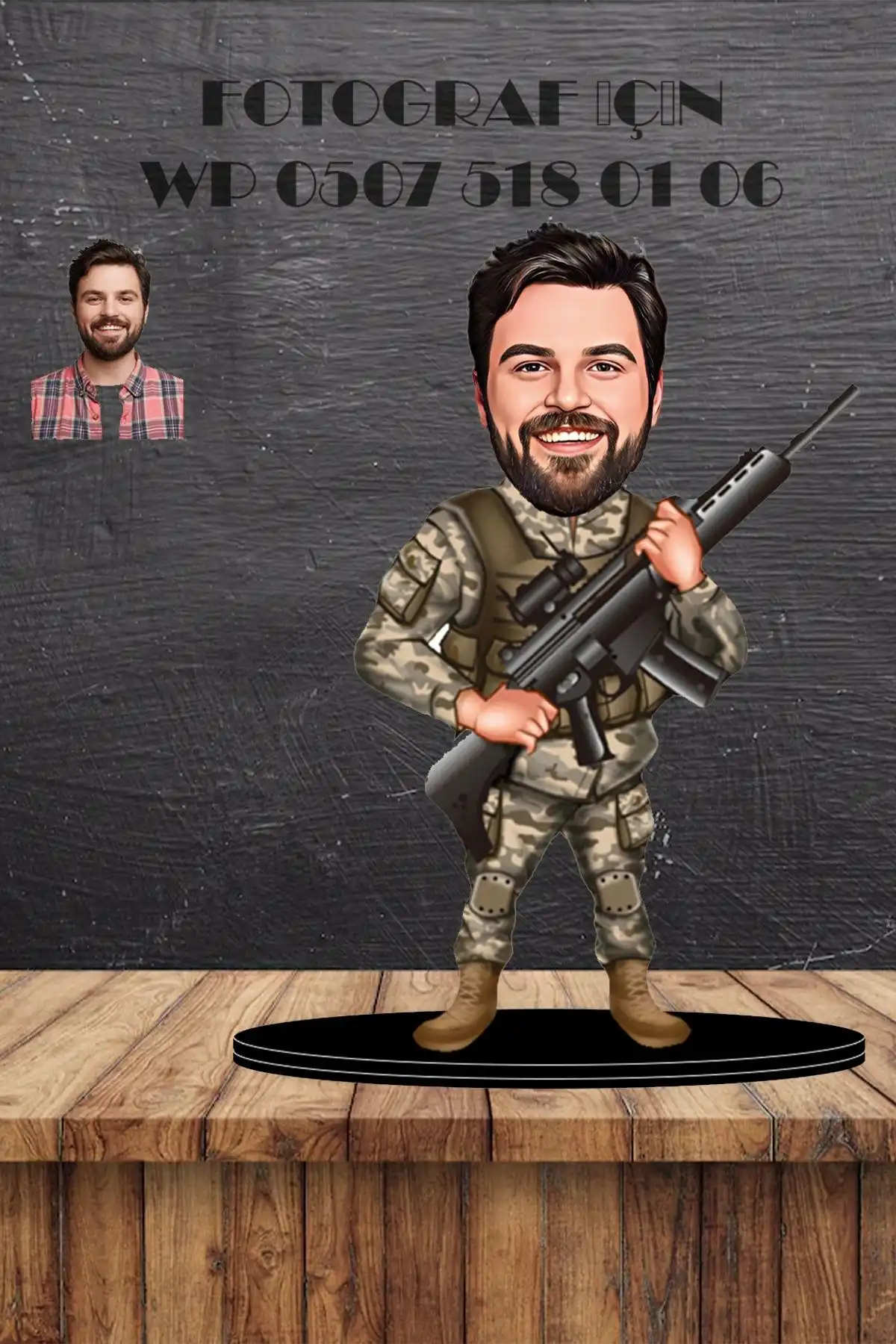 Kişiye Özel Asker Karikatürlü 3D Ahşap Biblo ile Sevdiklerinize Unutulmaz Bir Hediye